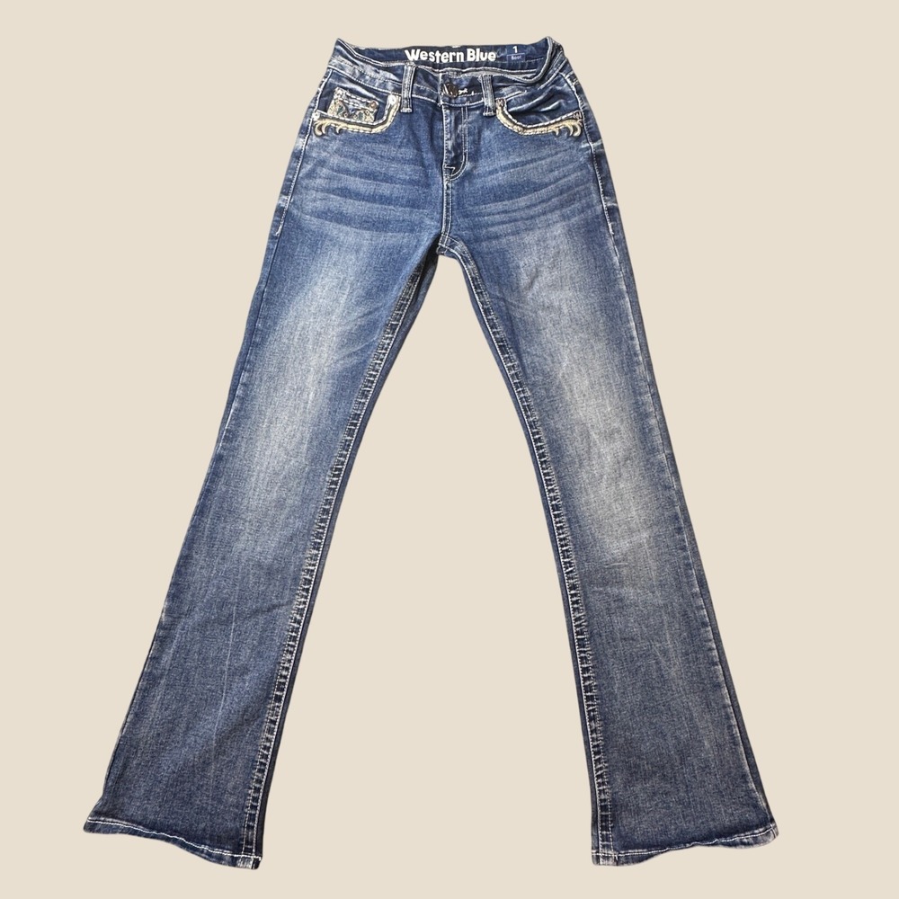 Western Blue Jeans Women 1 Bootcut Blue Embroidered Sequin Stretch Denim EXCELNT